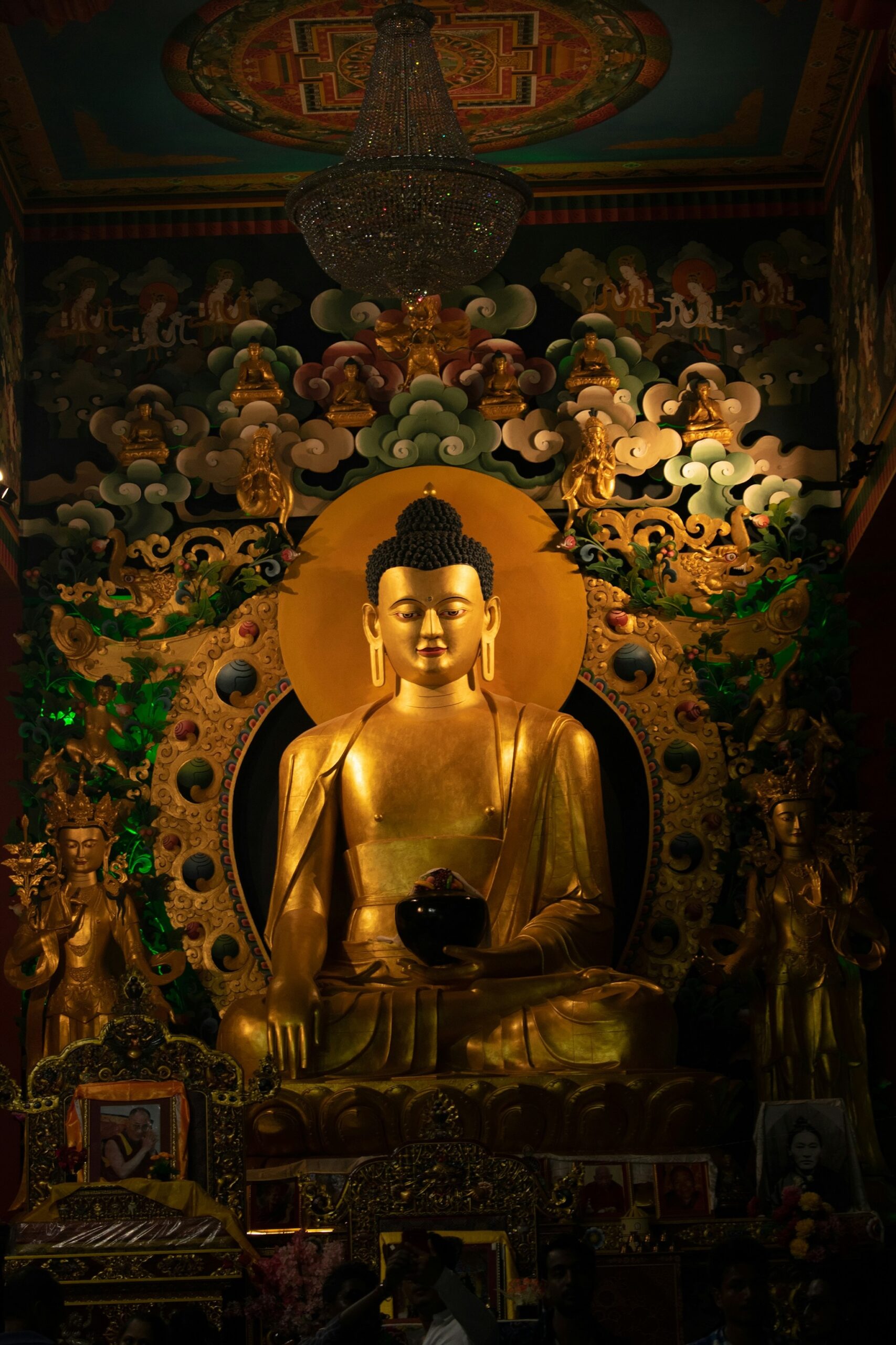 Golden Buddha statue inside a Buddhist monastery prayer hall