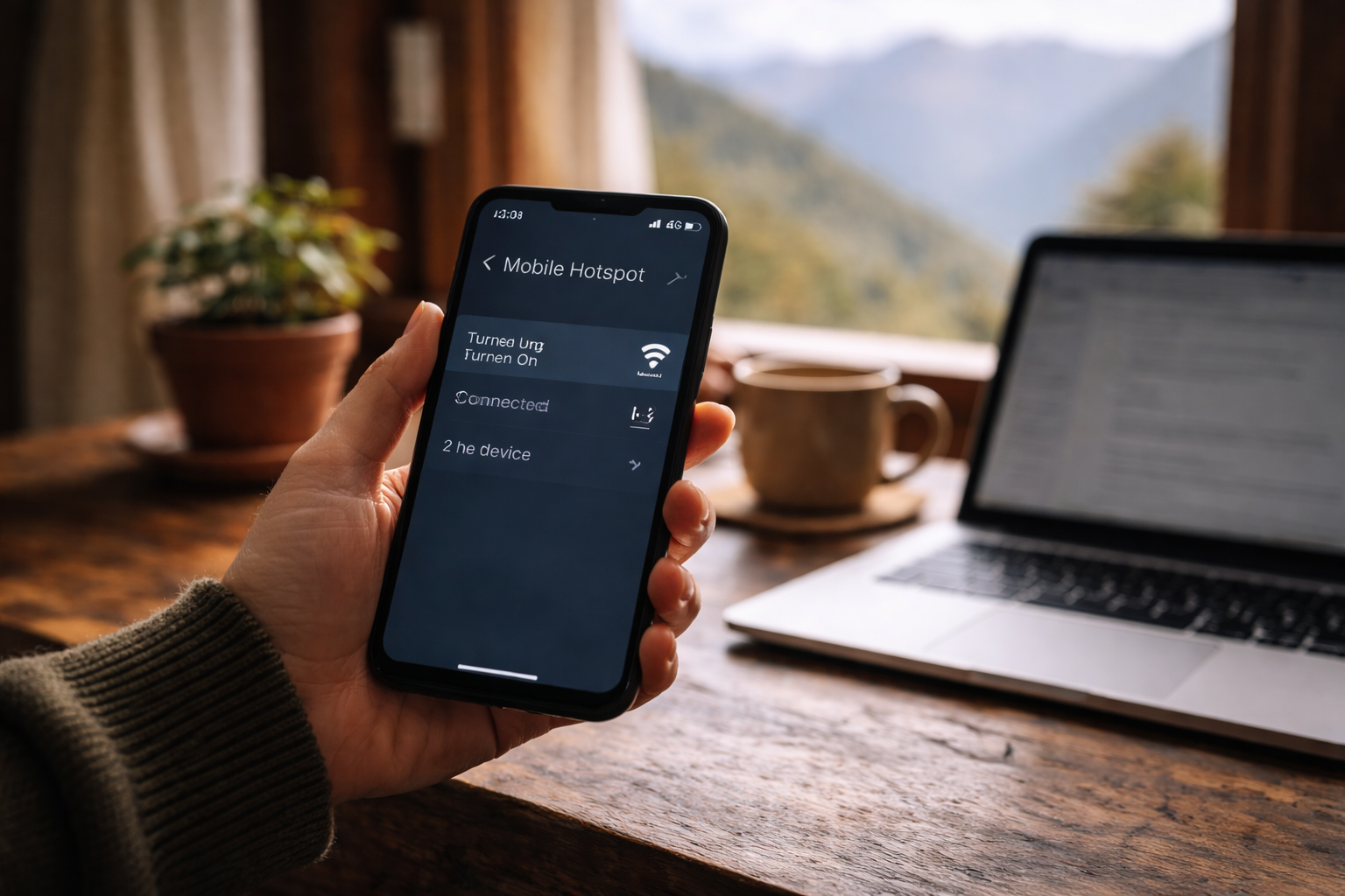 Using a phone hotspot as backup internet for remote work in Dharamshala, with laptop and mountain view in the background.