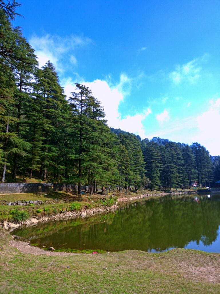 Dal Lake in Dharamshala surrounded by deodar trees and calm water reflections