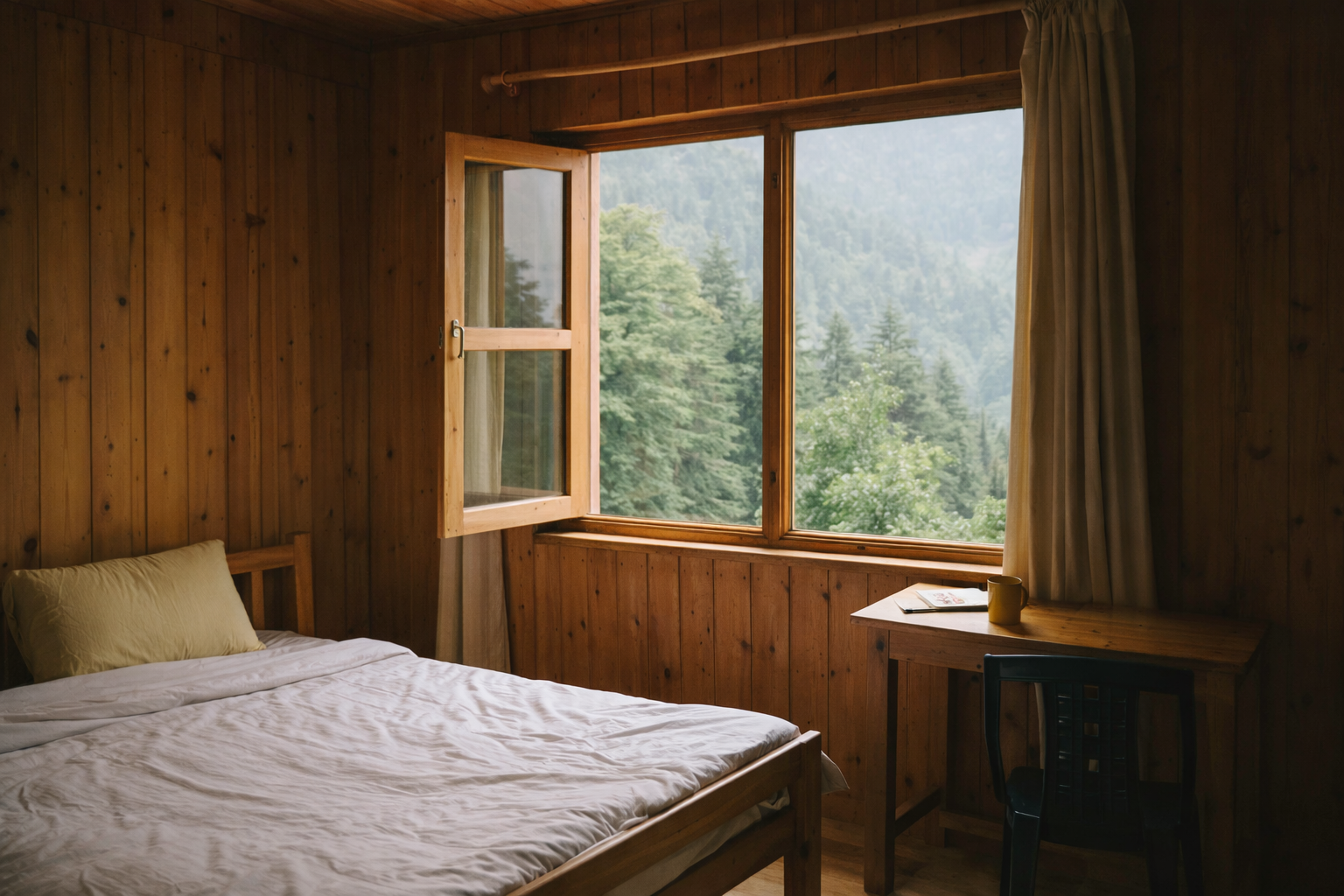 Simple bedroom in a homestay in Dharamshala with natural light and forested Himalayan views outside the window