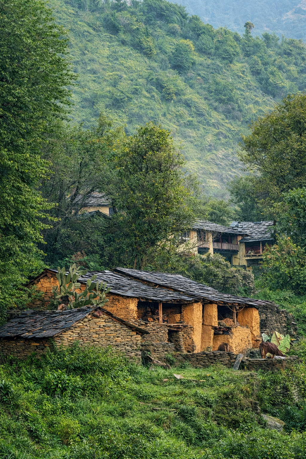 Traditional hillside homes surrounded by greenery in rural Khaniyara during the monsoon season