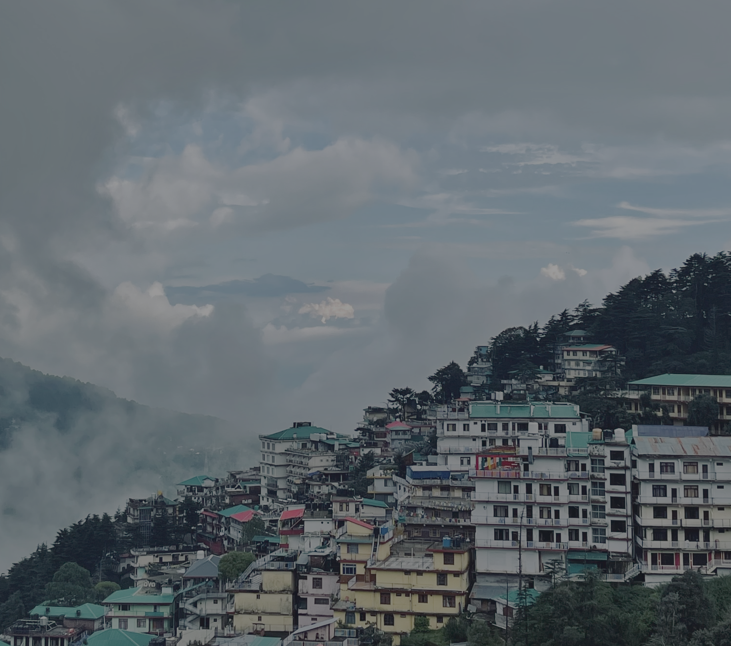 Hillside hotels and homes in McLeod Ganj surrounded by misty clouds, Dharamshala