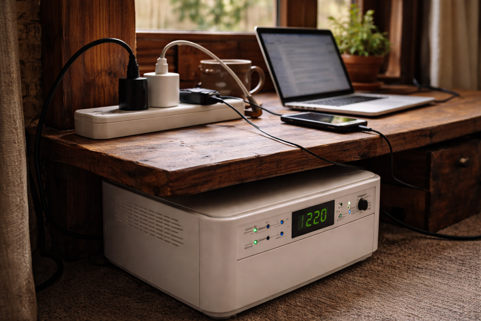 Inverter power backup and charging setup supporting remote work in Dharamshala during electricity outages.