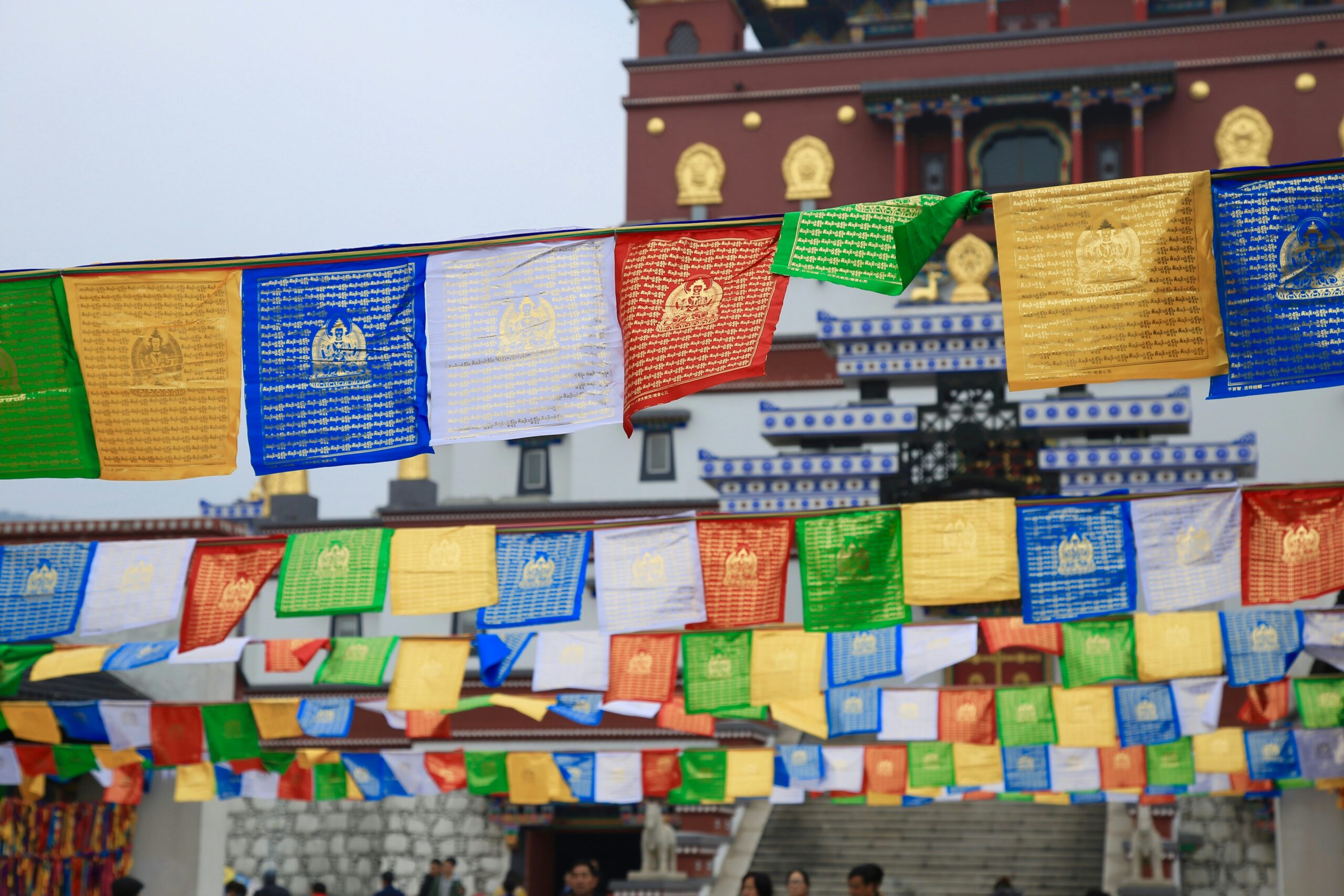 Prayer flags displayed outside a Tibetan monastery in Dharamshala, carrying Buddhist mantras and symbols