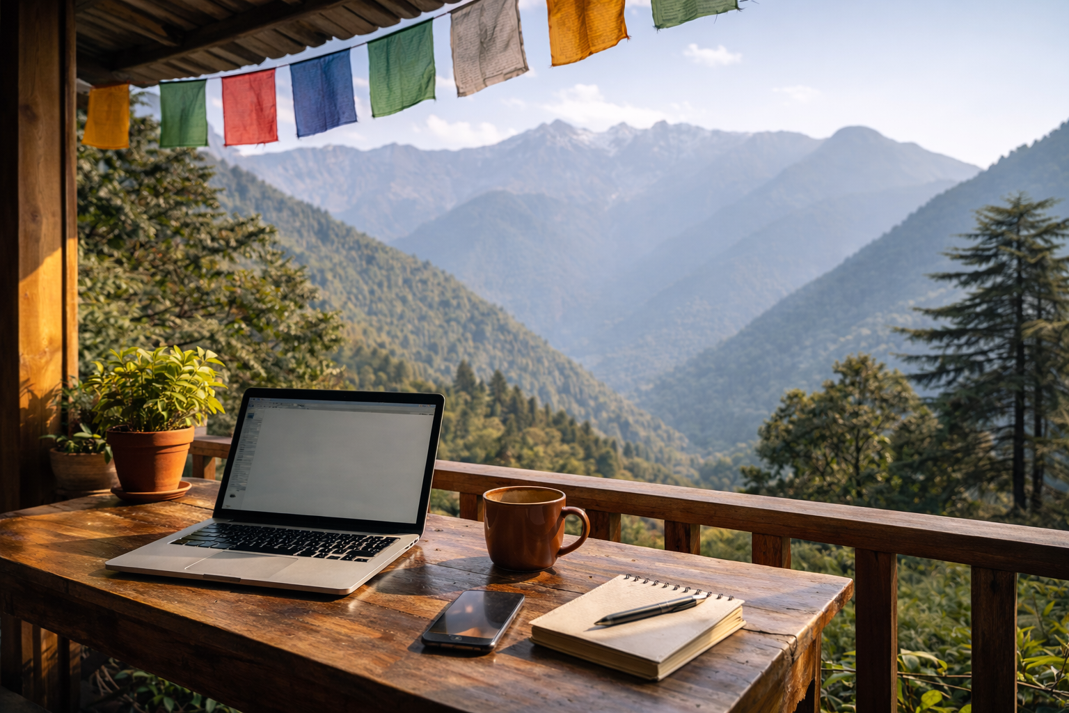 Remote work setup at a mountain café in Dharamshala with laptop and valley view