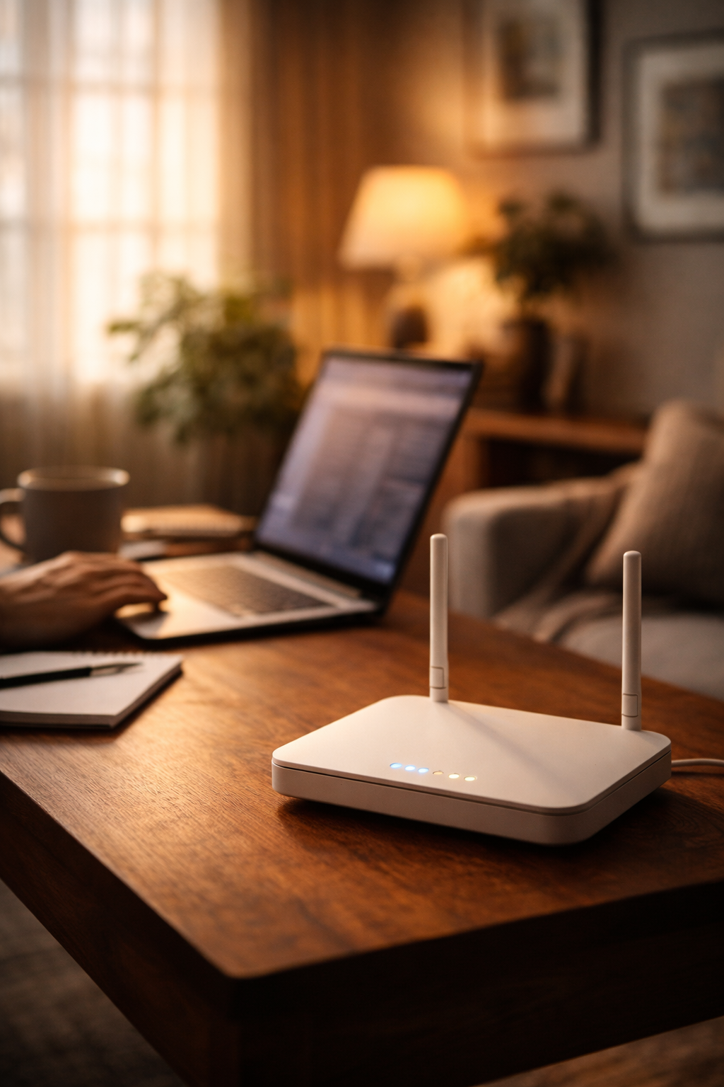 Home Wi-Fi router on a wooden desk beside a laptop, representing remote work in Dharamshala with a stable internet setup.