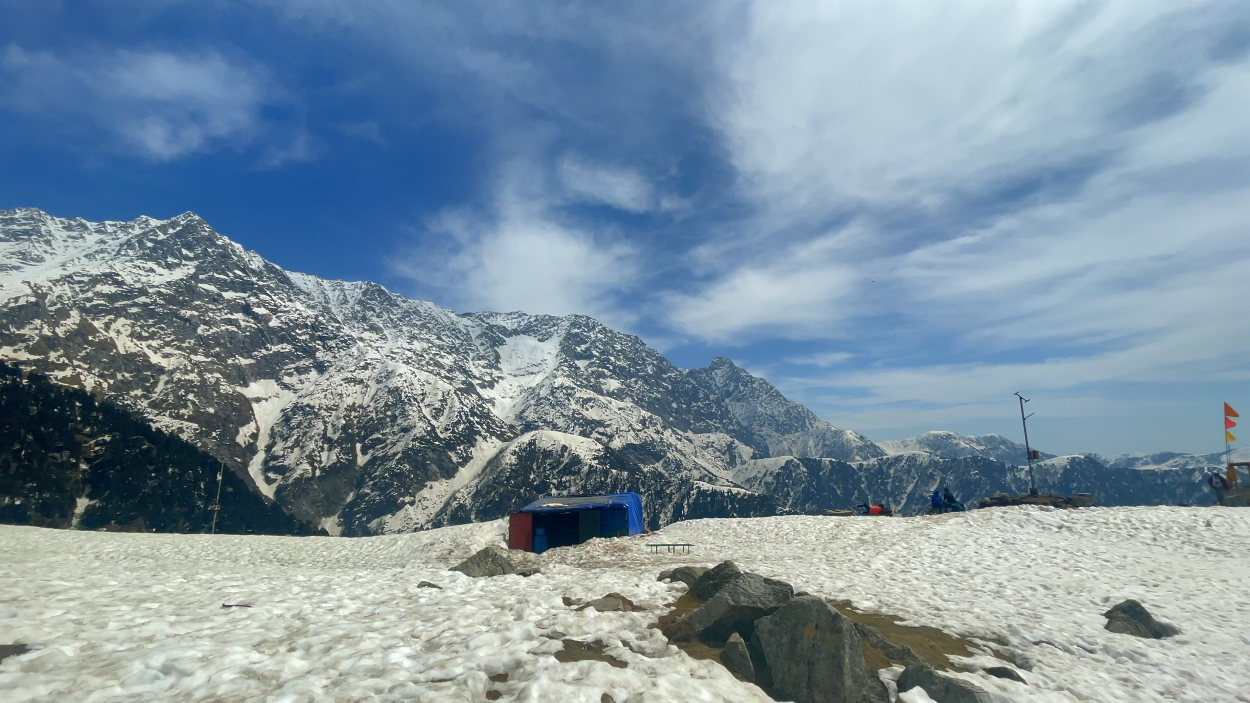 Snow-covered landscape at Triund with the Dhauladhar mountain range in the background