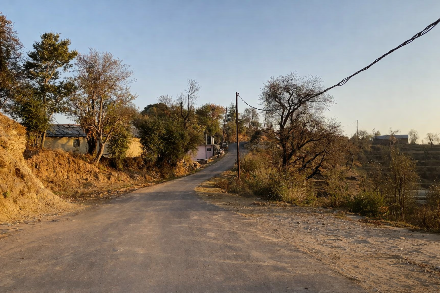 Walkable residential road in Dharamshala, showing the everyday access and quiet surroundings that matter during long homestay stays.