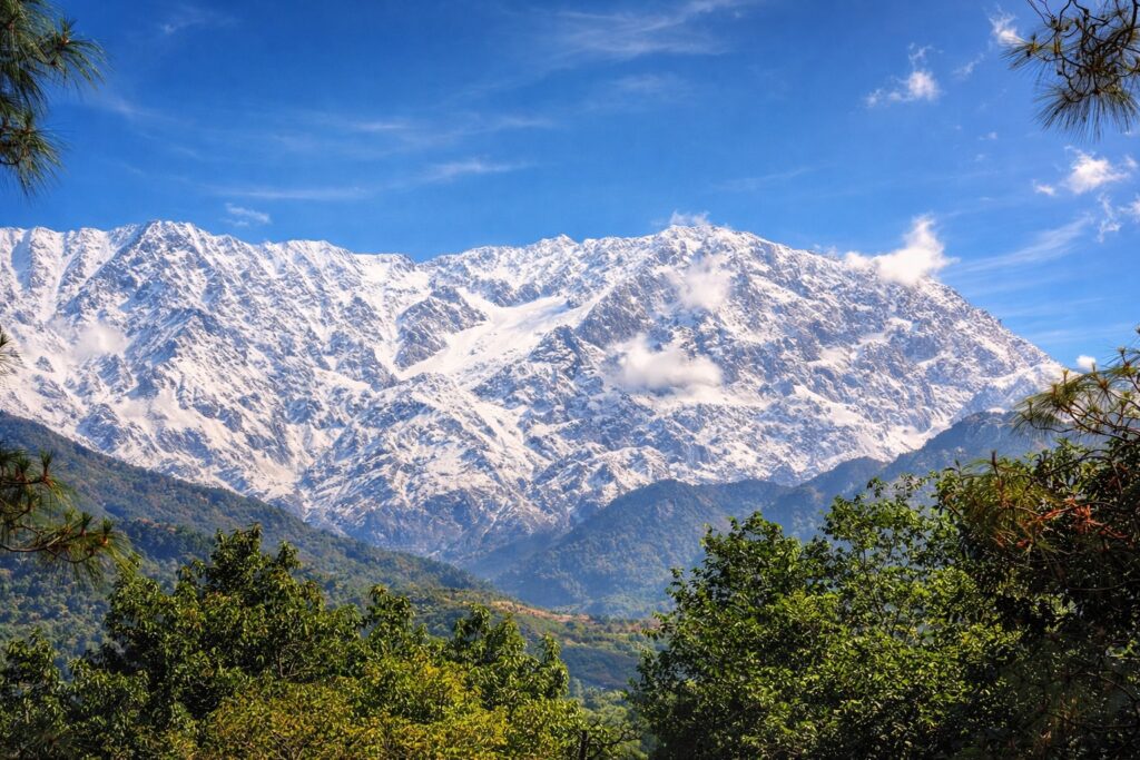 Snow-covered Dhauladhar mountains near Dharamshala, Himachal Pradesh; landscape view for Dharamshala itinerary guide
