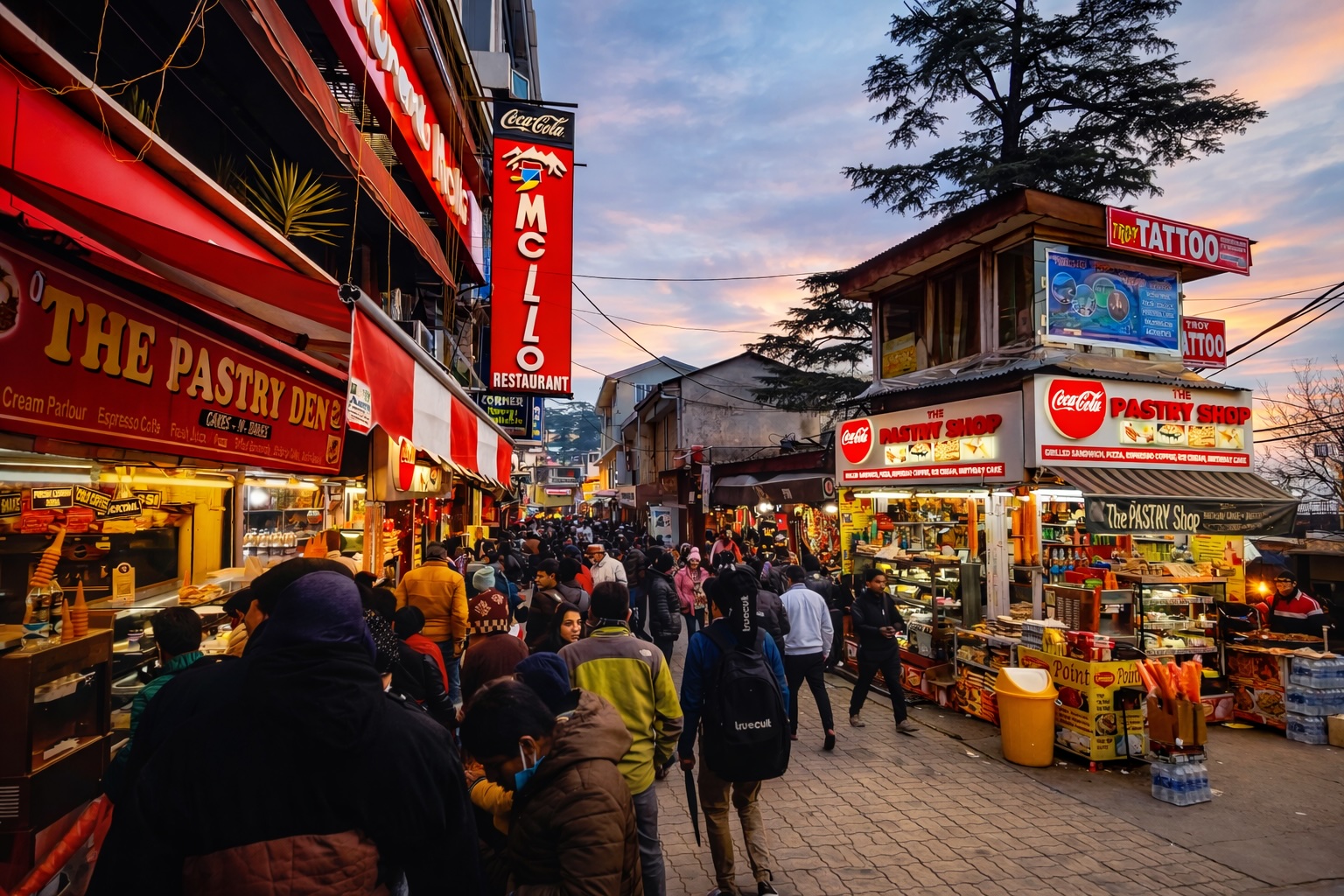 Evening street scene in McLeod Ganj Dharamshala with busy market, cafes, and tourists walking