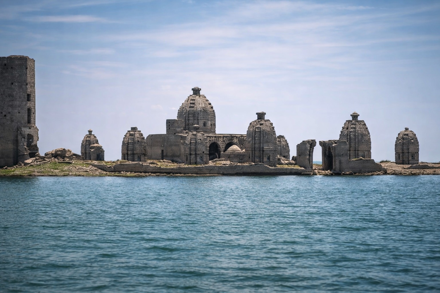 Bathu Ki Ladi submerged temple complex visible in Pong Dam reservoir Himachal Pradesh