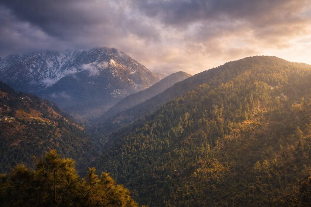 Panoramic view of the Dhauladhar mountains and Kangra Valley from Naddi View Point near Dharamshala