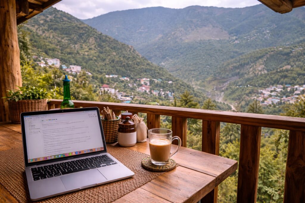Cafe Balcony workspace with laptop and mountain view showing how internet and power in Dharamshala support remote work in a natural setting