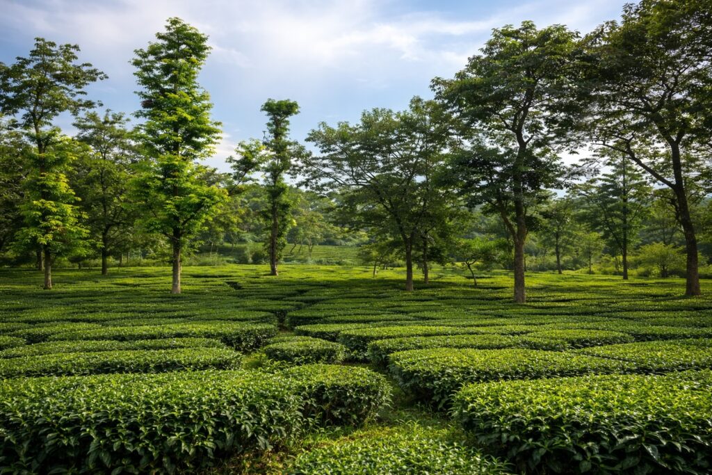 Chilgari tea gardens in Dharamshala showing neatly arranged tea plantations and peaceful green landscape