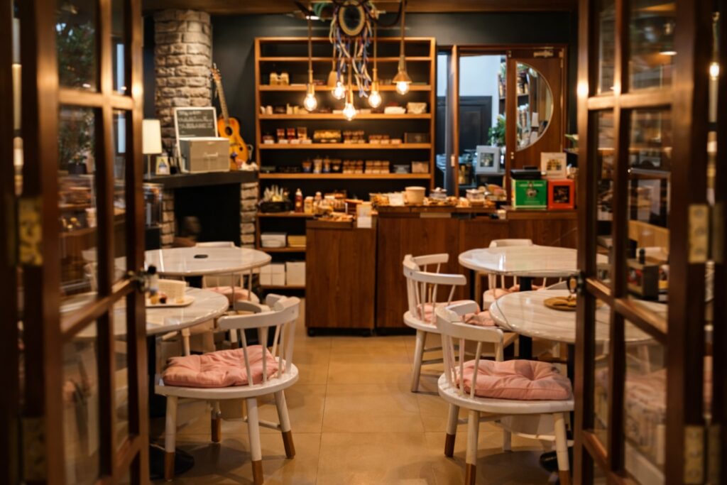 cozy cafe interior in Dharamshala with wooden decor warm lighting and bakery counter