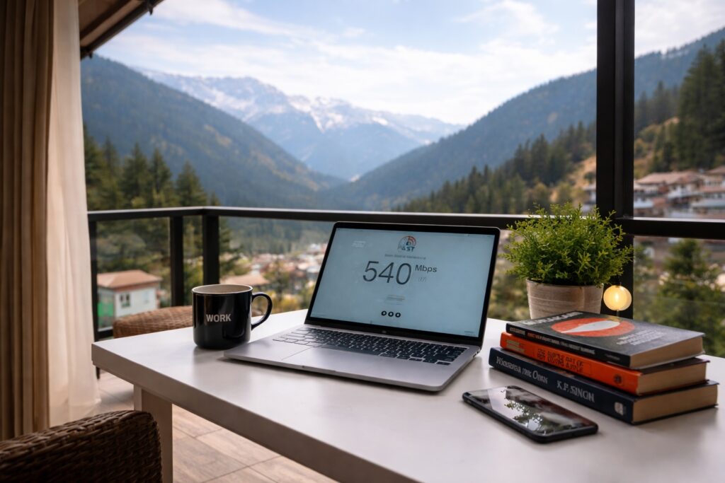Workspace inside a homestay with mountain views, showing how internet and power in Dharamshala support remote work in a peaceful setting
