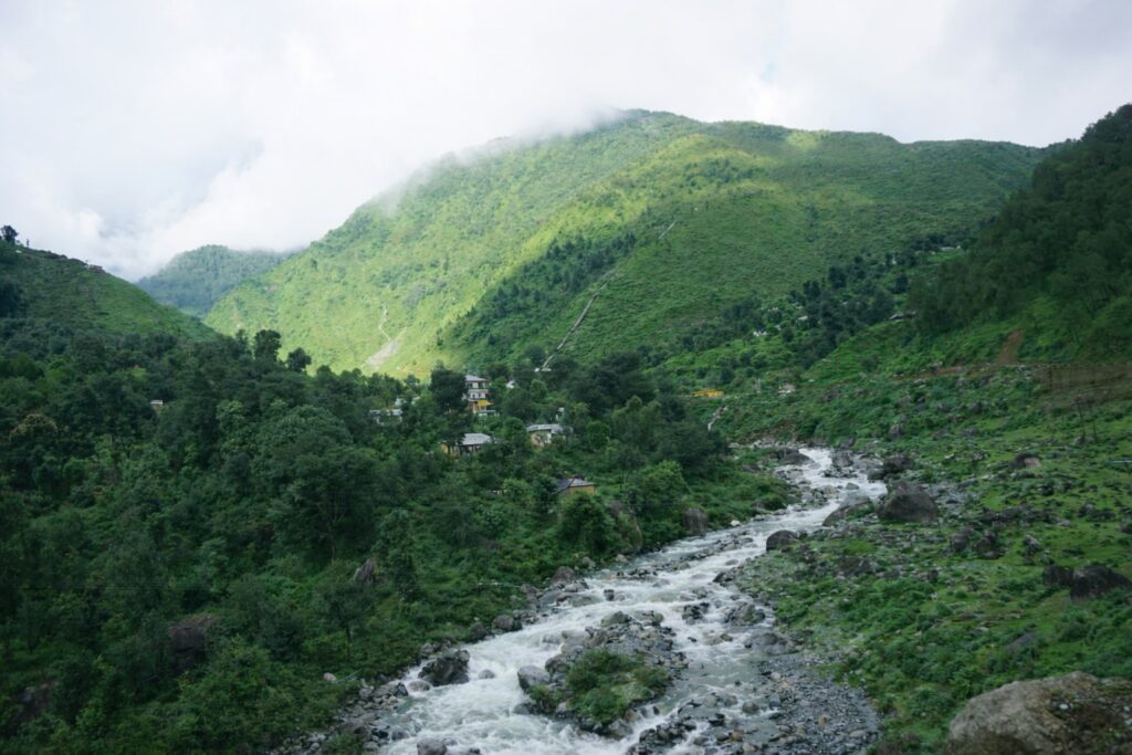 lush green kangra valley river flowing through mountains near dharamshala after monsoon