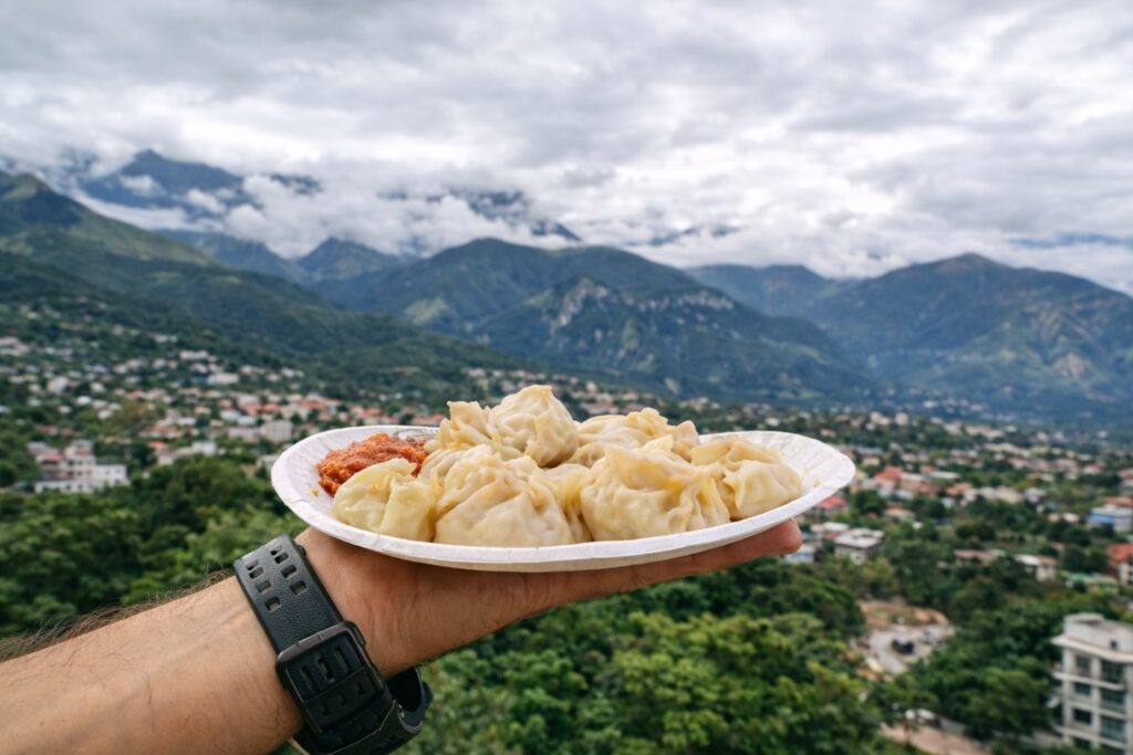 plate of momos with chutney held against mountain view in Dharamshala