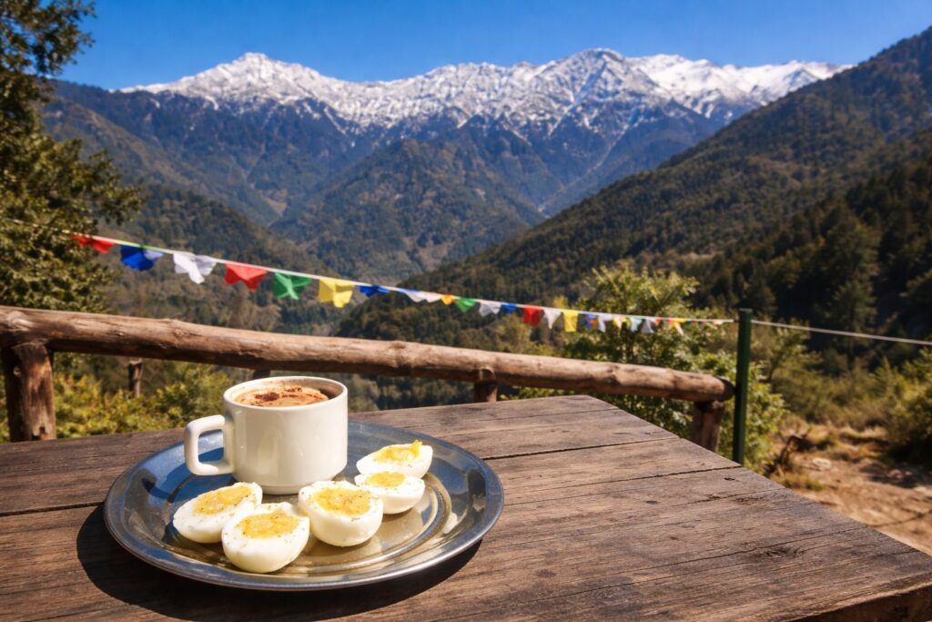 breakfast with coffee and eggs at Naddi view point overlooking Dhauladhar mountains in Dharamshala