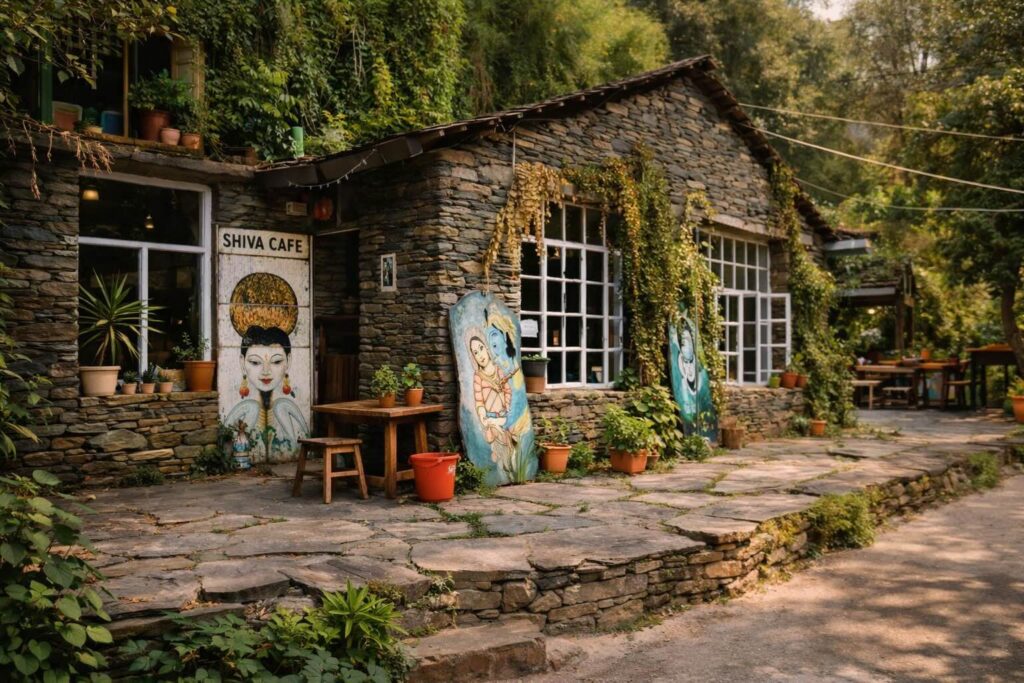 exterior of Shiva Cafe in Bhagsu Dharamshala surrounded by greenery and mountain setting