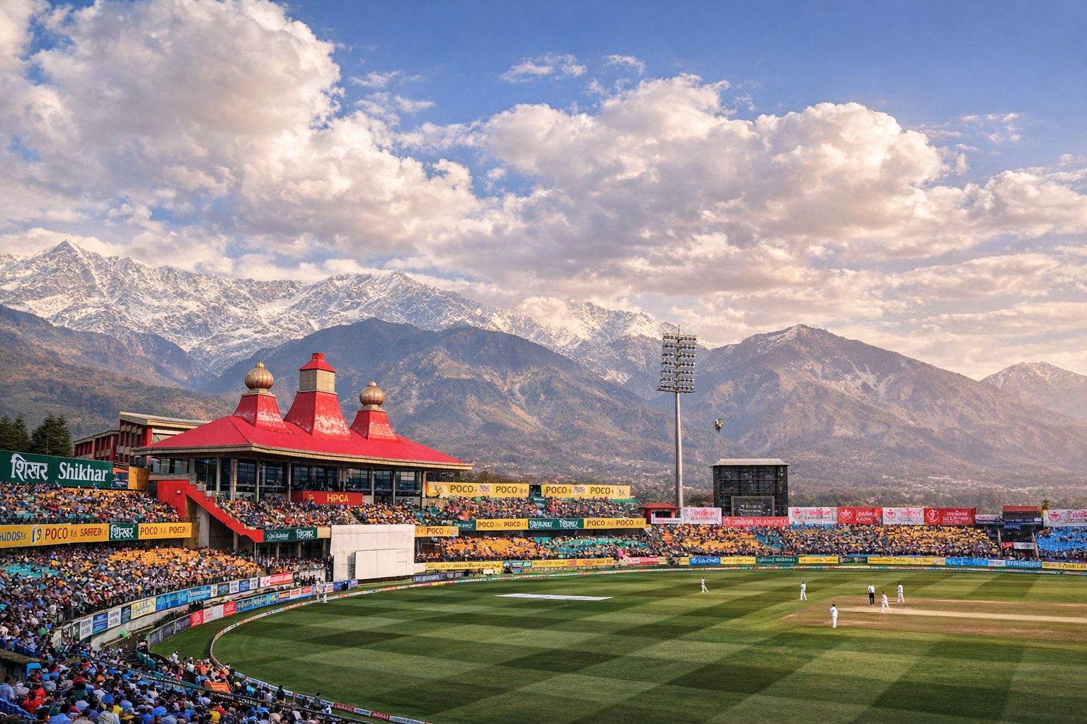 HPCA Stadium in Dharamshala during IPL with Dhauladhar mountains in the background, representing Dharamshala IPL match 2026 experience