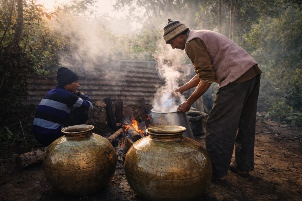famous food in Dharamshala being prepared as traditional Himachali dhaam over fire