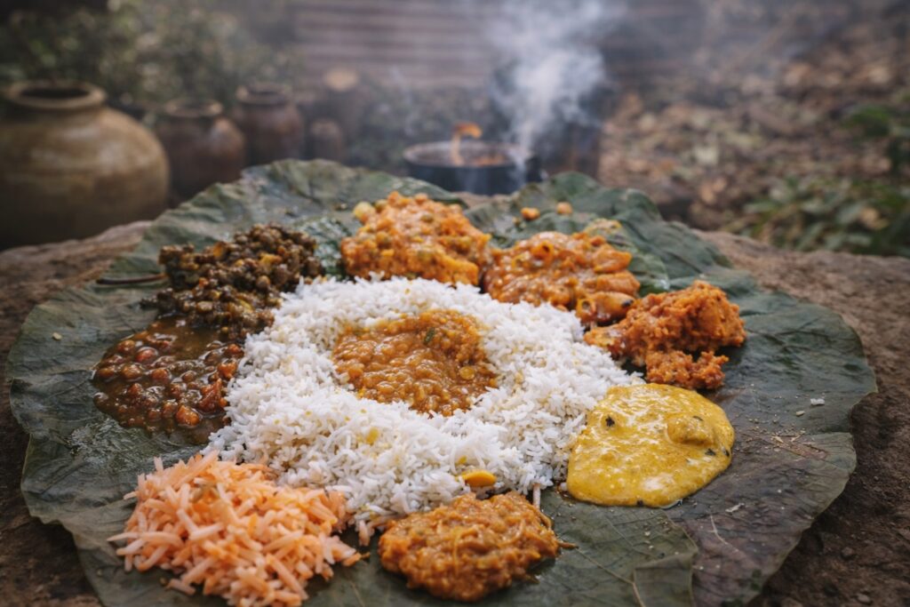 famous food in Dharamshala Himachali dhaam served on traditional leaf plate