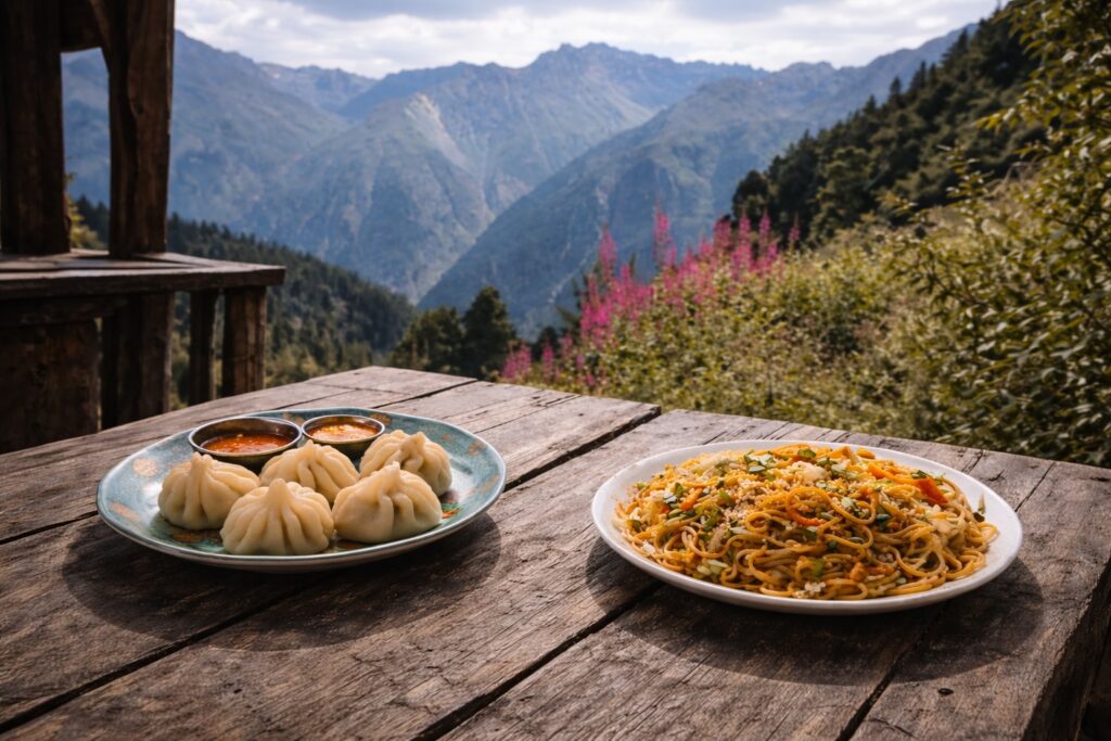 famous food in Dharamshala with momos and chowmein on a mountain view table