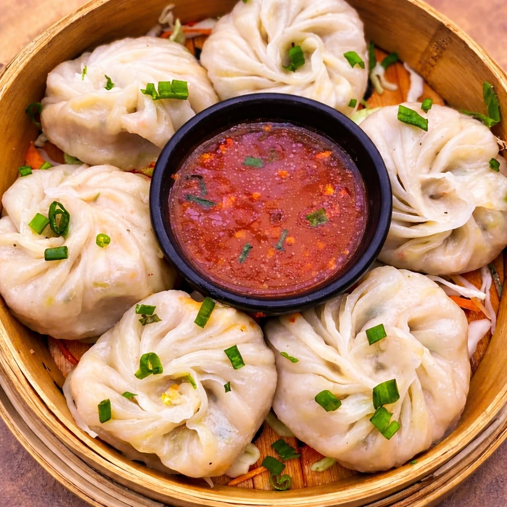 famous food in Dharamshala steamed momos with chutney in bamboo steamer