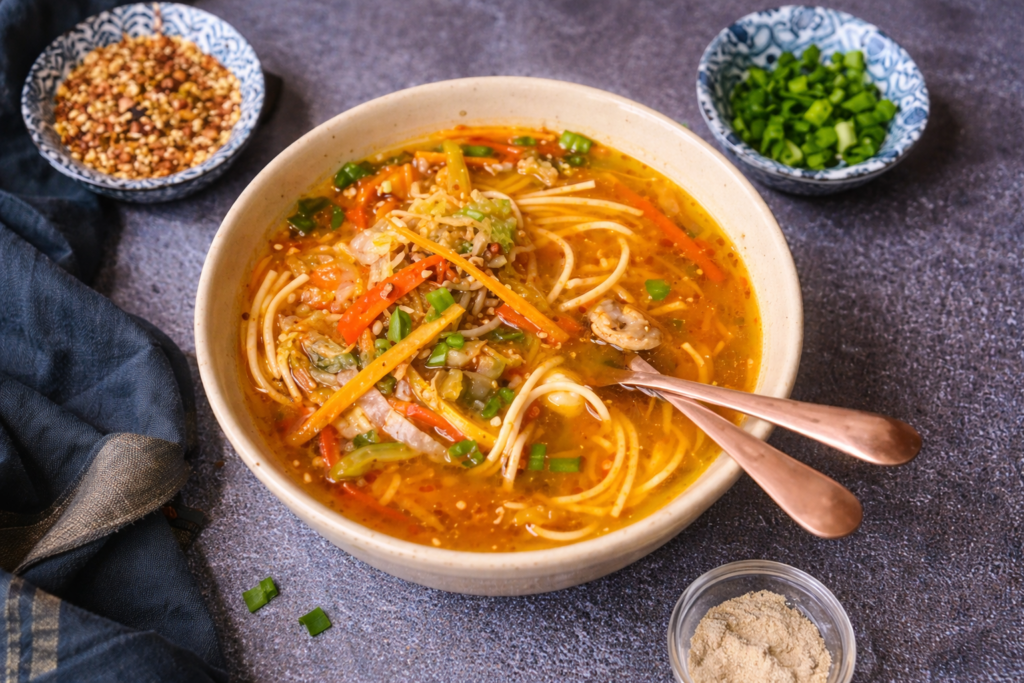 famous food in Dharamshala thukpa Tibetan noodle soup with vegetables and broth
