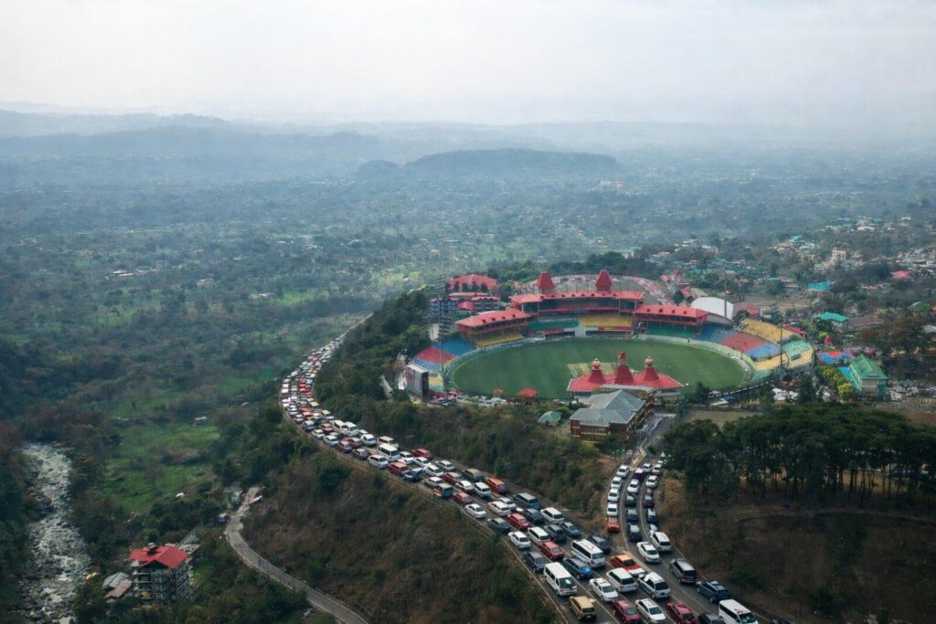 traffic jam near HPCA stadium Dharamshala showing congested road during match day