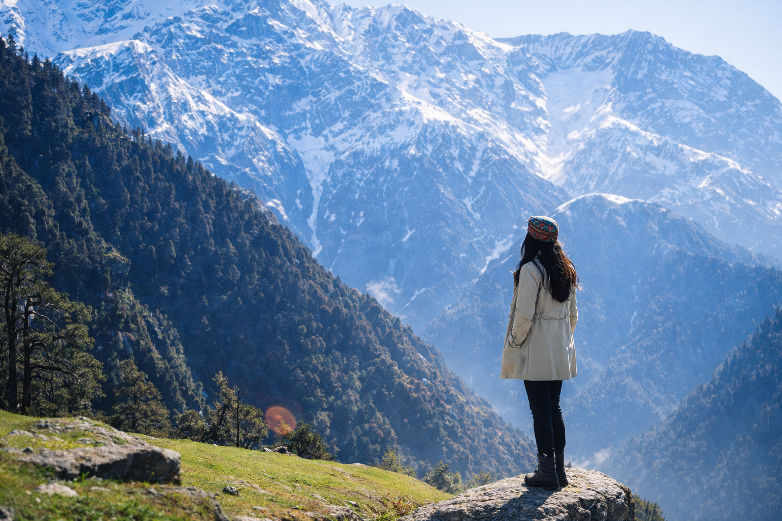 solo female traveller looking at Himalayan mountains in Dharamshala