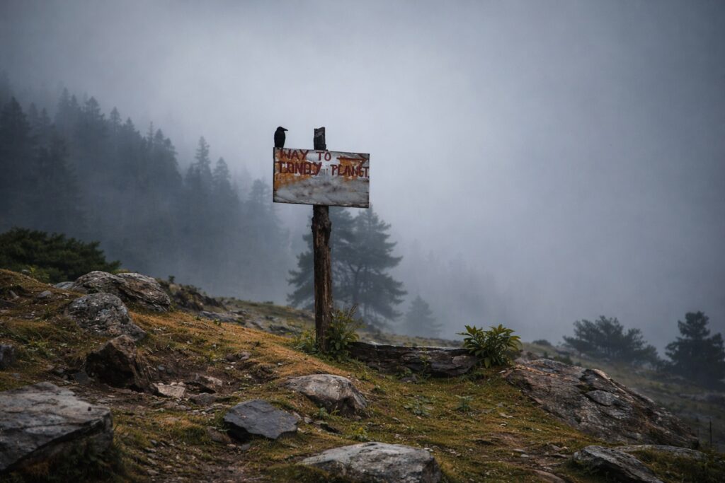 Solo female traveller trekking on a foggy mountain trail near Triund with a rustic signboard