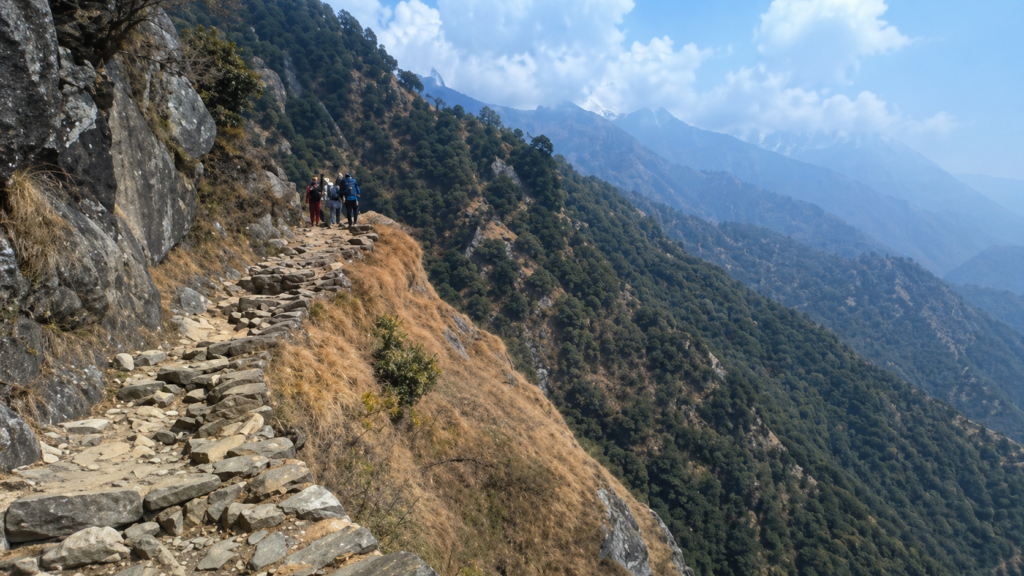 Triund Trek Dharamshala narrow rocky trail along hillside with hikers on the path