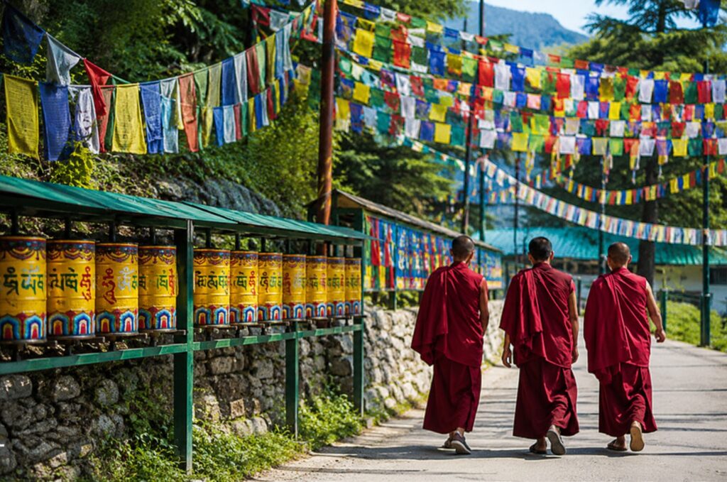 Tibetan monks walking beneath prayer flags during the Dalai Lama 91st birthday in McLeodganj