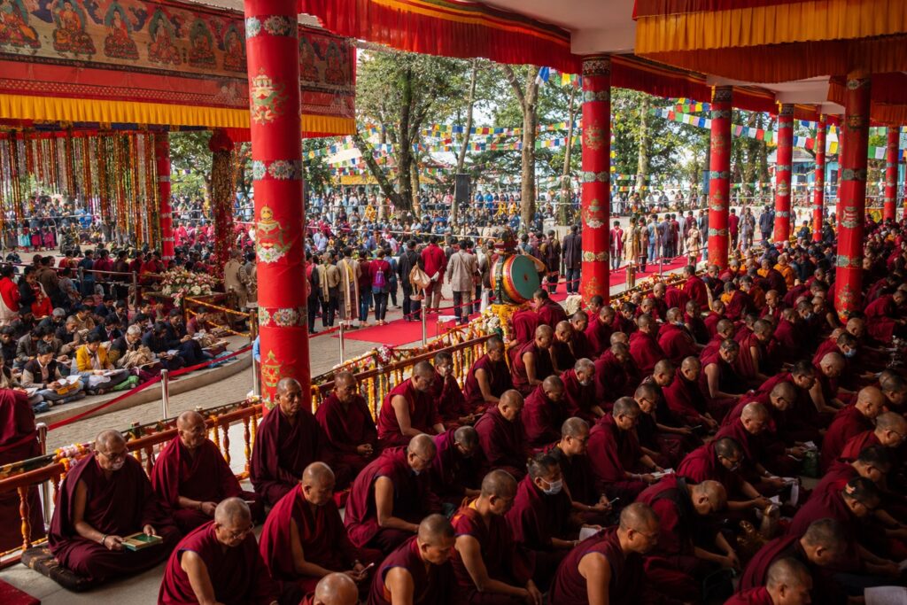 Monks and visitors gathered at Tsuglagkhang temple during the Dalai Lama 91st birthday in McLeodganj