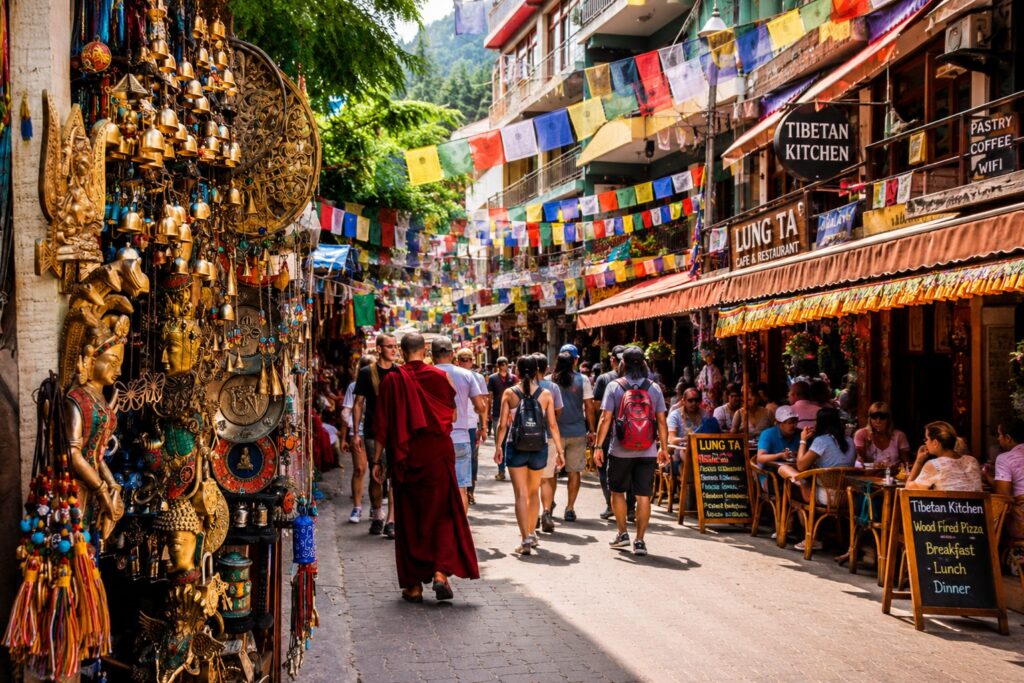 Dharamshala in June with tourists exploring the busy McLeod Ganj market, Tibetan shops and cafes