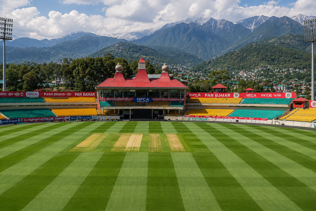 India vs Afghanistan Dharamshala HPCA Stadium pitch and pavilion view with Dhauladhar mountains