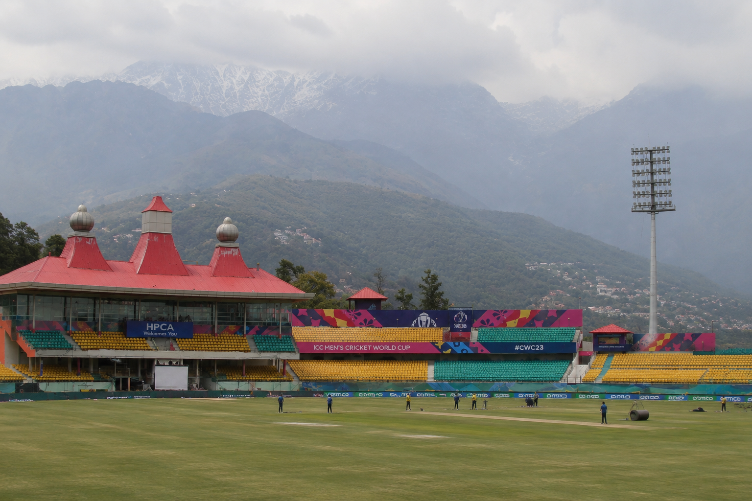 India vs Afghanistan Dharamshala 1st ODI 2026 at HPCA Stadium with cloudy Dhauladhar mountain backdrop