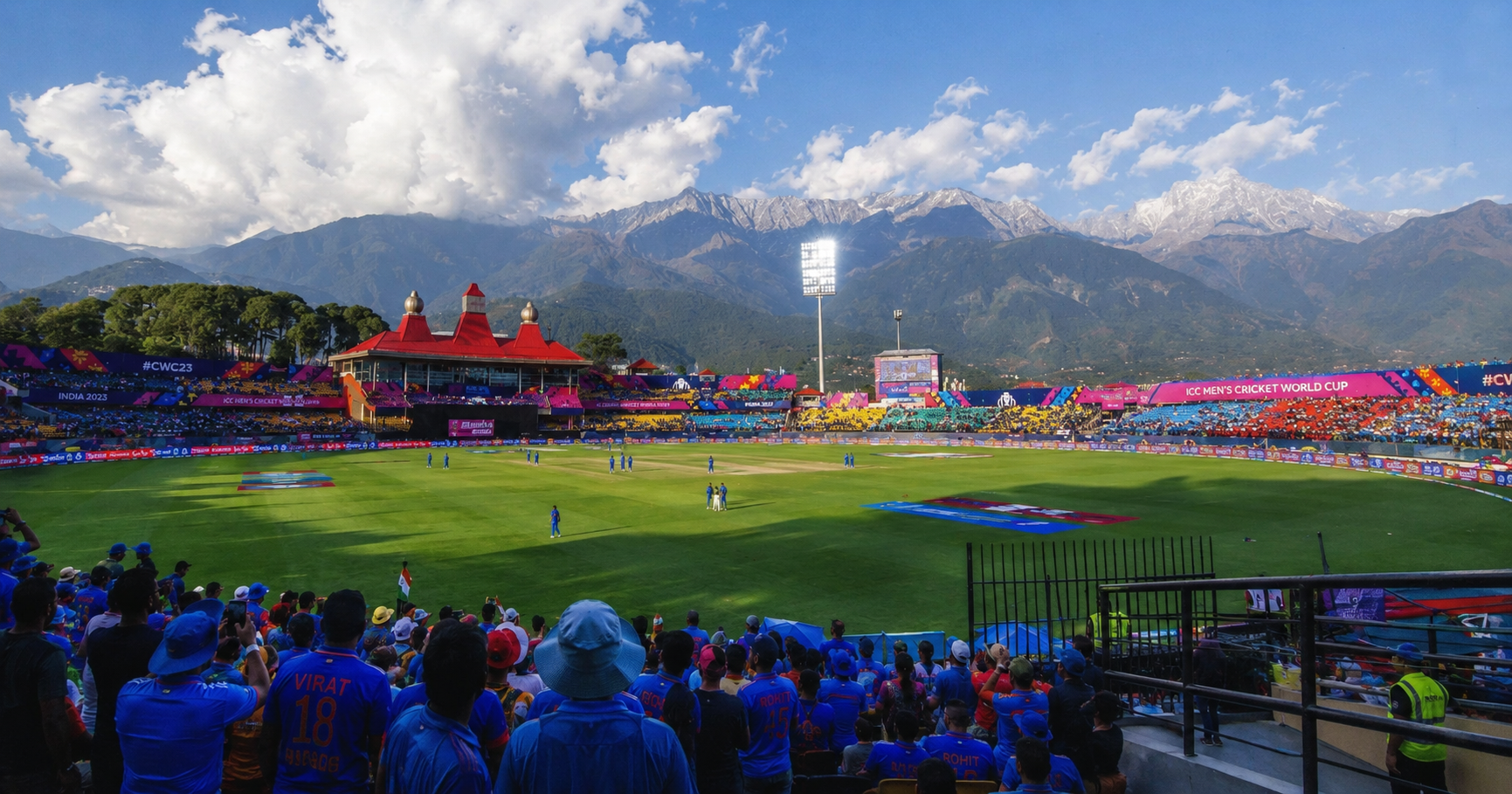 India vs Afghanistan Dharamshala ODI match at HPCA Stadium with Dhauladhar mountains in the background