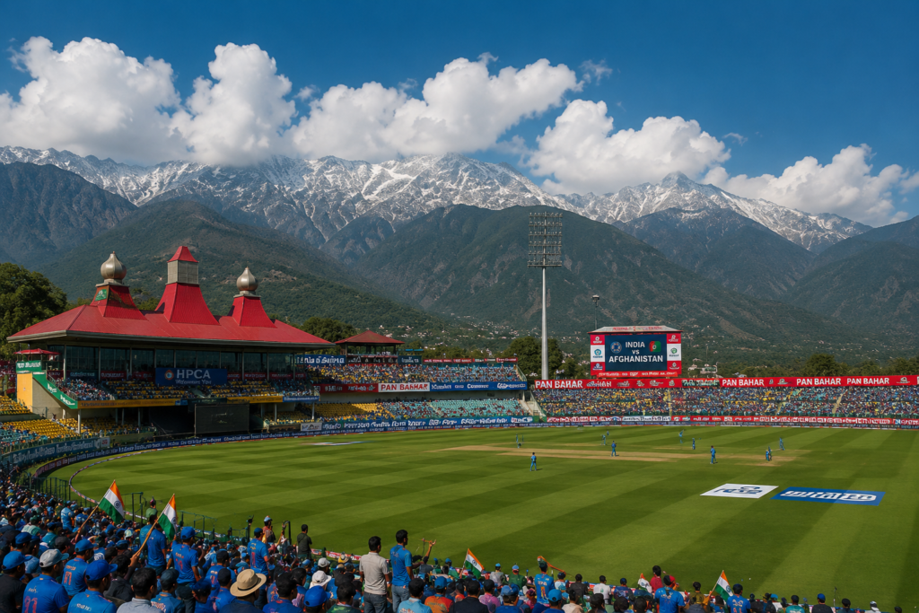 India vs Afghanistan Dharamshala cricket match atmosphere at HPCA Stadium with Dhauladhar mountains