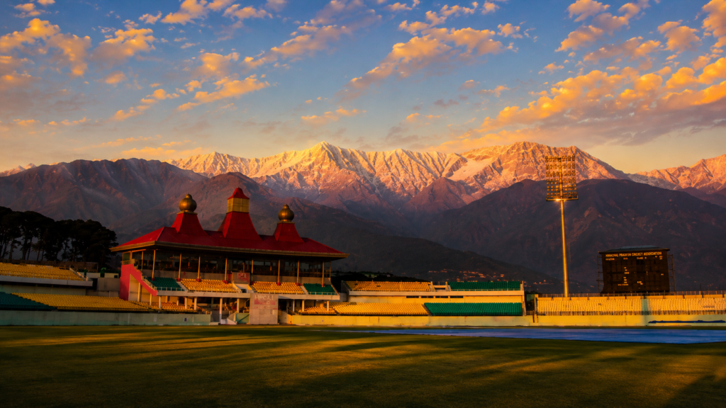 IPL Qualifier 1 Dharamshala at HPCA Stadium during golden hour with Dhauladhar mountain views