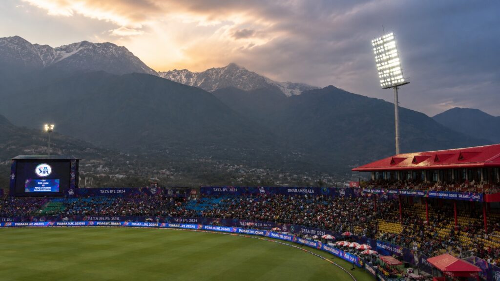 IPL Qualifier 1 Dharamshala crowd atmosphere at HPCA Stadium under floodlights with Dhauladhar mountains