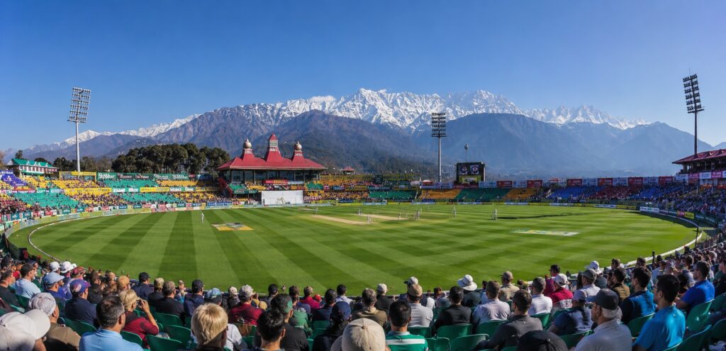 IPL Qualifier 1 Dharamshala panoramic crowd view from the stands at HPCA Stadium with Dhauladhar mountains