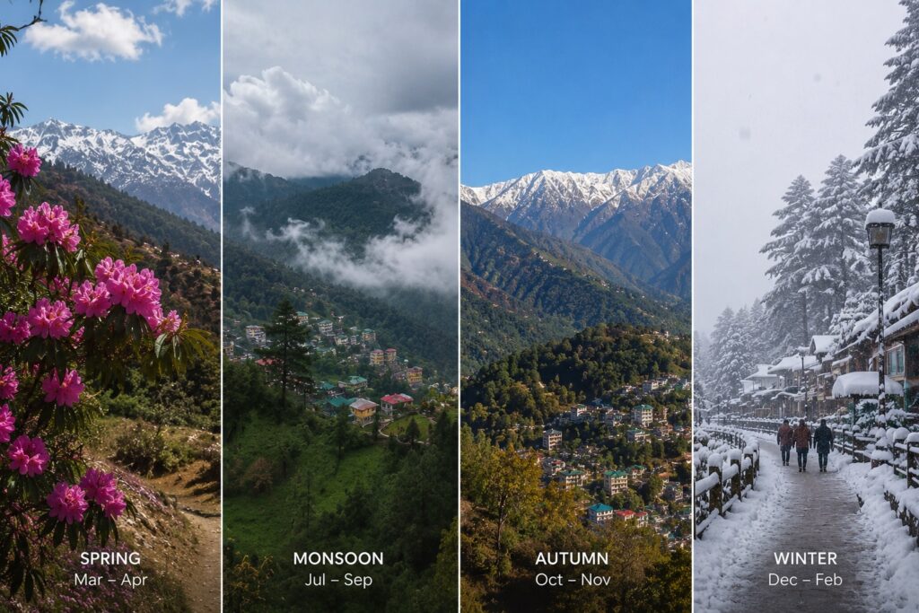 Best time to visit Dharamshala by season showing spring rhododendrons, monsoon clouds, autumn mountain views, and winter snowfall