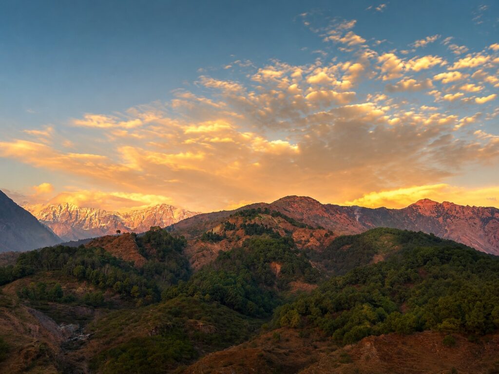 Best time to visit Dharamshala with golden evening light over the Dhauladhar mountains and pine-covered hills