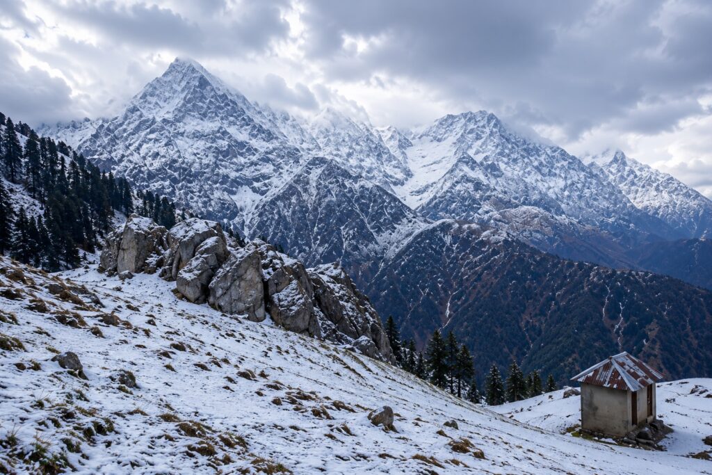 Best time to visit Dharamshala in winter with fresh snowfall on the Dhauladhar mountains and snow-covered alpine slopes