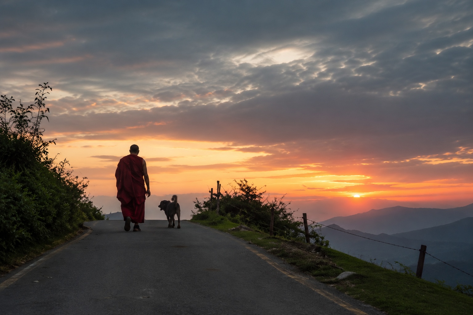 A Buddhist monk walking with a dog at sunset in Bir Tibetan Colony, showcasing the peaceful Tibetan culture of the Himalayas.