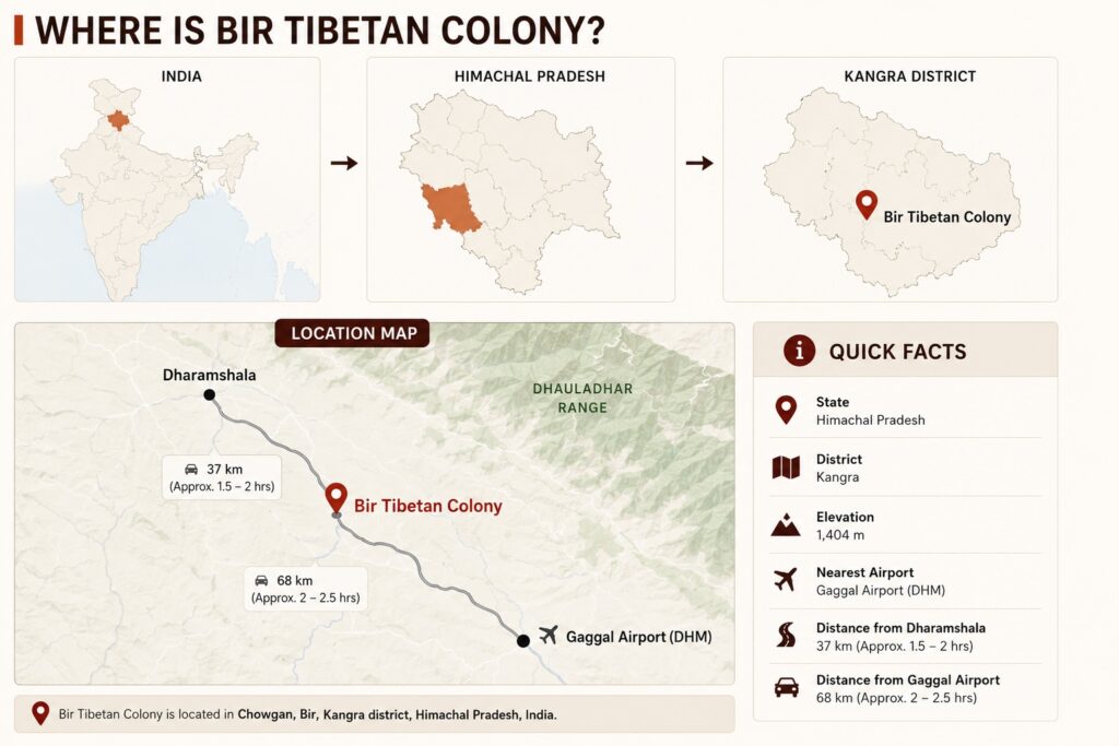 Infographic map showing the location of Bir Tibetan Colony in Chowgan, Kangra district, Himachal Pradesh, India.