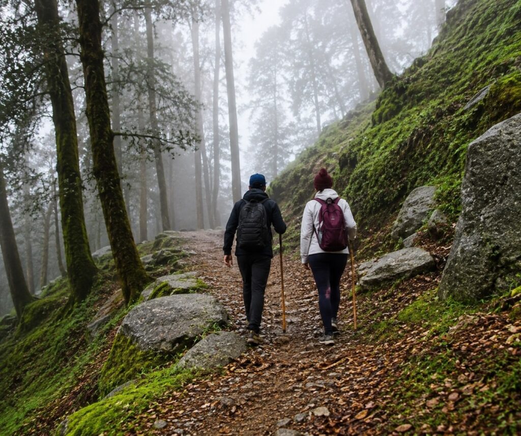 Hikers walking through a misty forest on the Bir to Billing trek, one of the most rewarding things to do in Bir Billing.